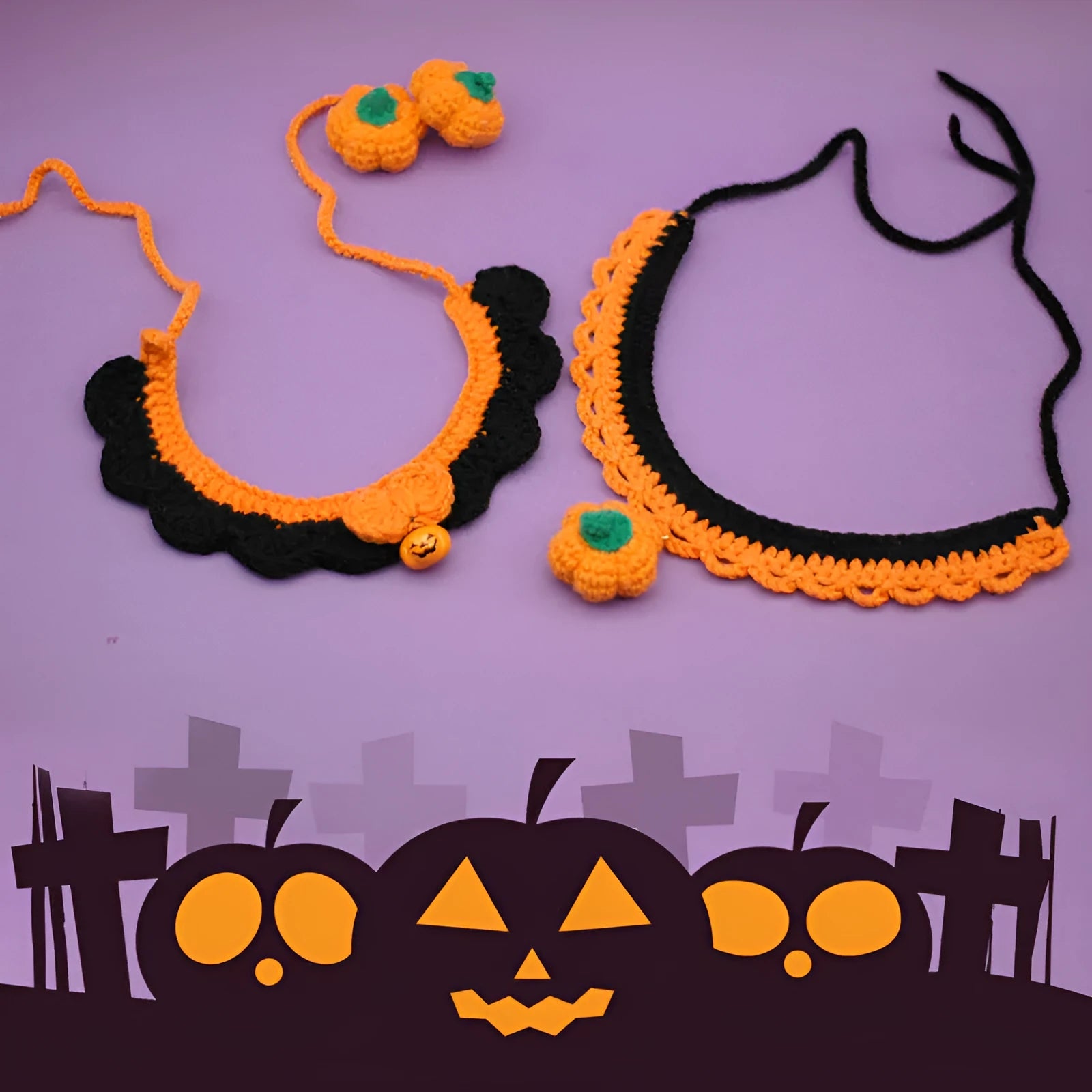 Hand-crocheted wool Halloween pet collar with pumpkin design in adjustable sizes for cats and dogs