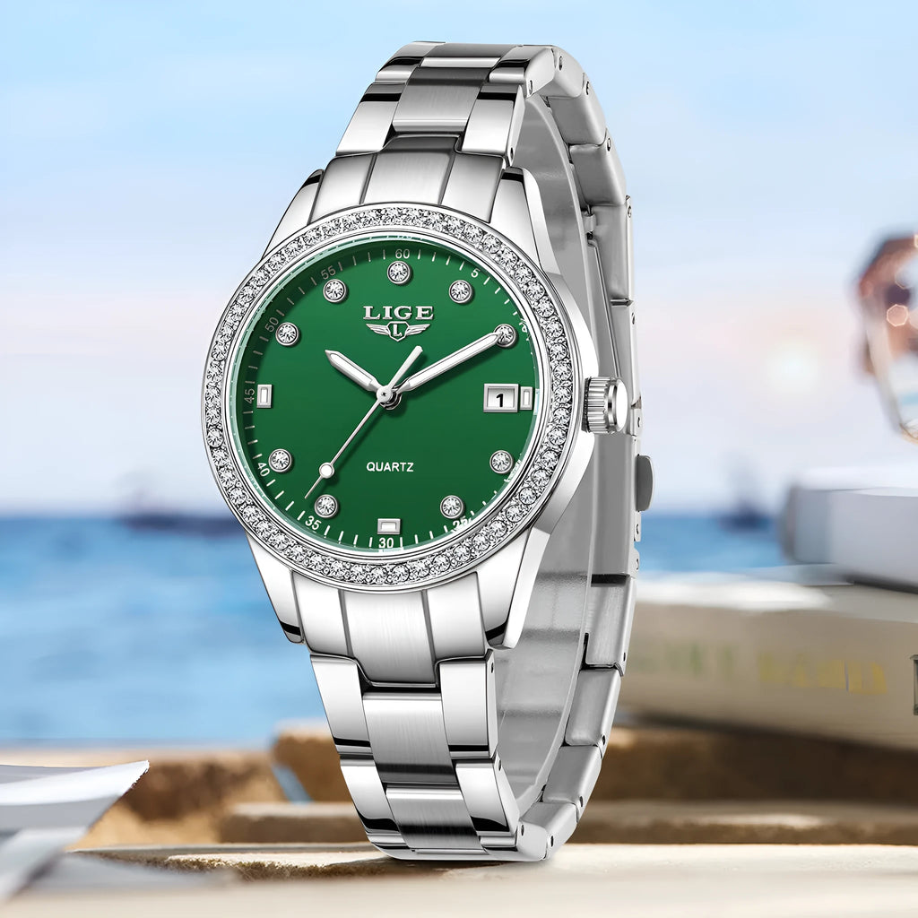 Silver fashion quartz watch with round 34mm dial, diamond markers, and stainless steel case.