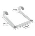 Aluminium laptop heightening bracket in silver finish showing 260mm width by 150mm height dimensions