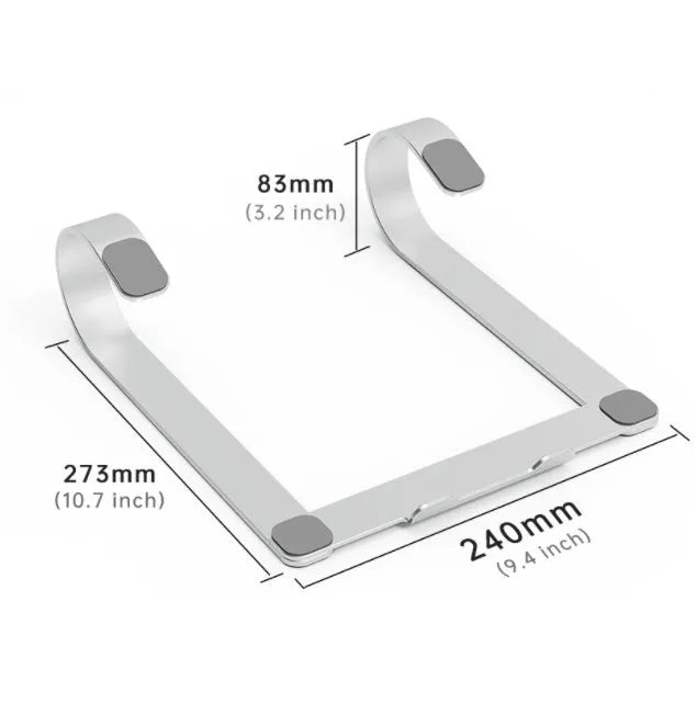 Aluminium laptop heightening bracket in silver finish showing 260mm width by 150mm height dimensions