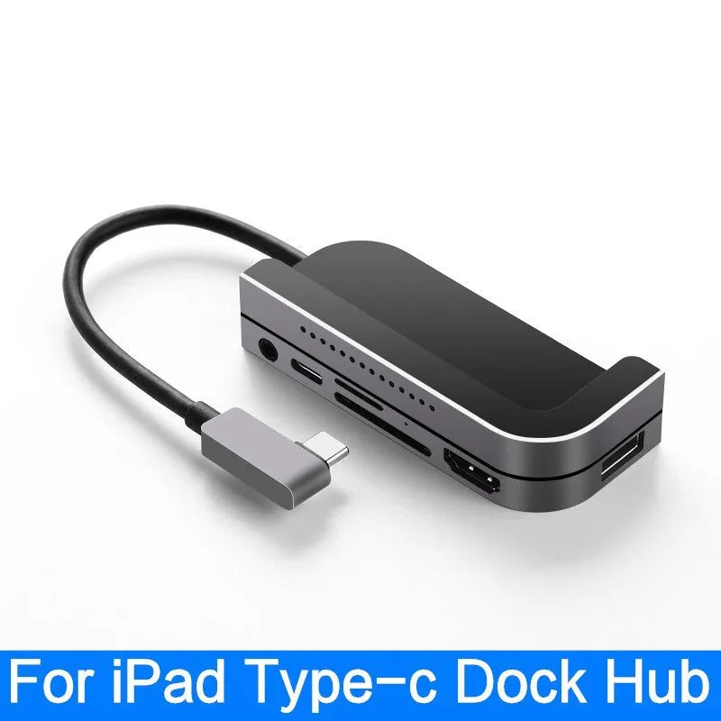 Silver aluminium grey USB-C 6-in-1 docking station for iPad Pro tablets with HDMI port.