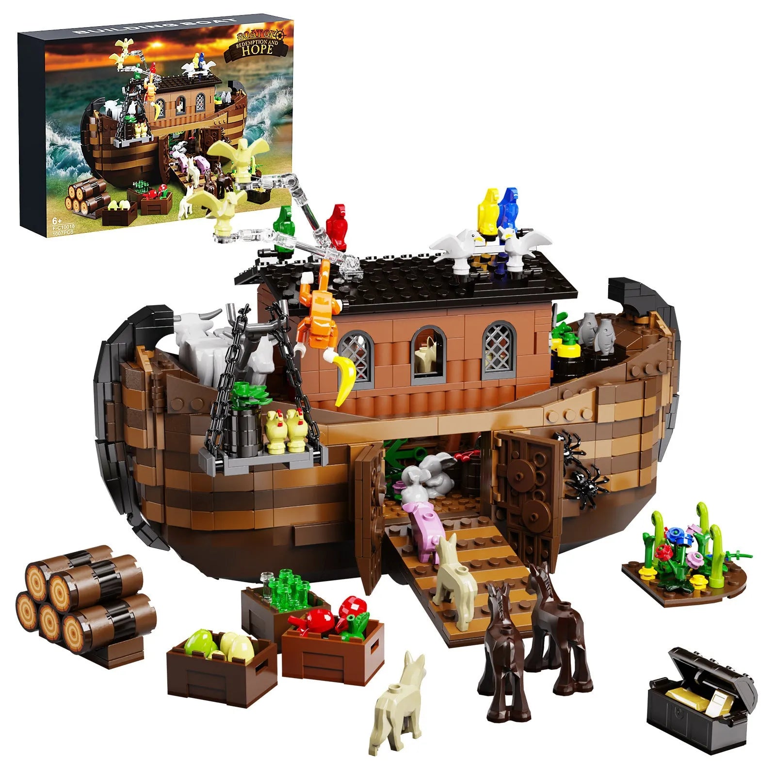 Brown plastic construction ship building block set assembled on a white surface, with blocks showing realistic ship details.