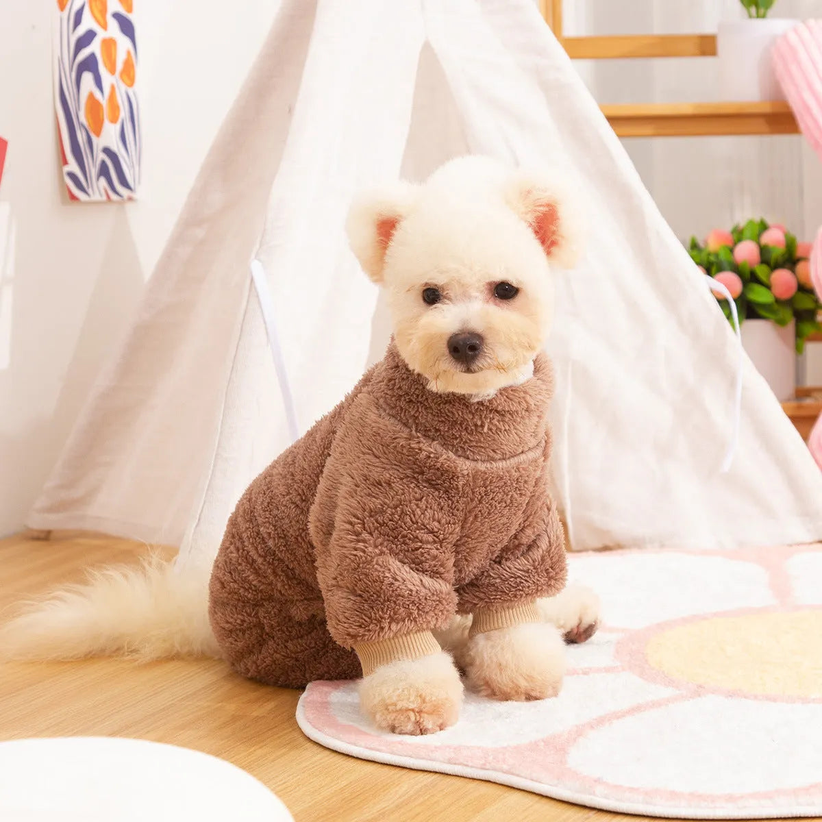 Double-sided plush dog winter clothes with high collar and towing ring in khaki, pink or blue colours
