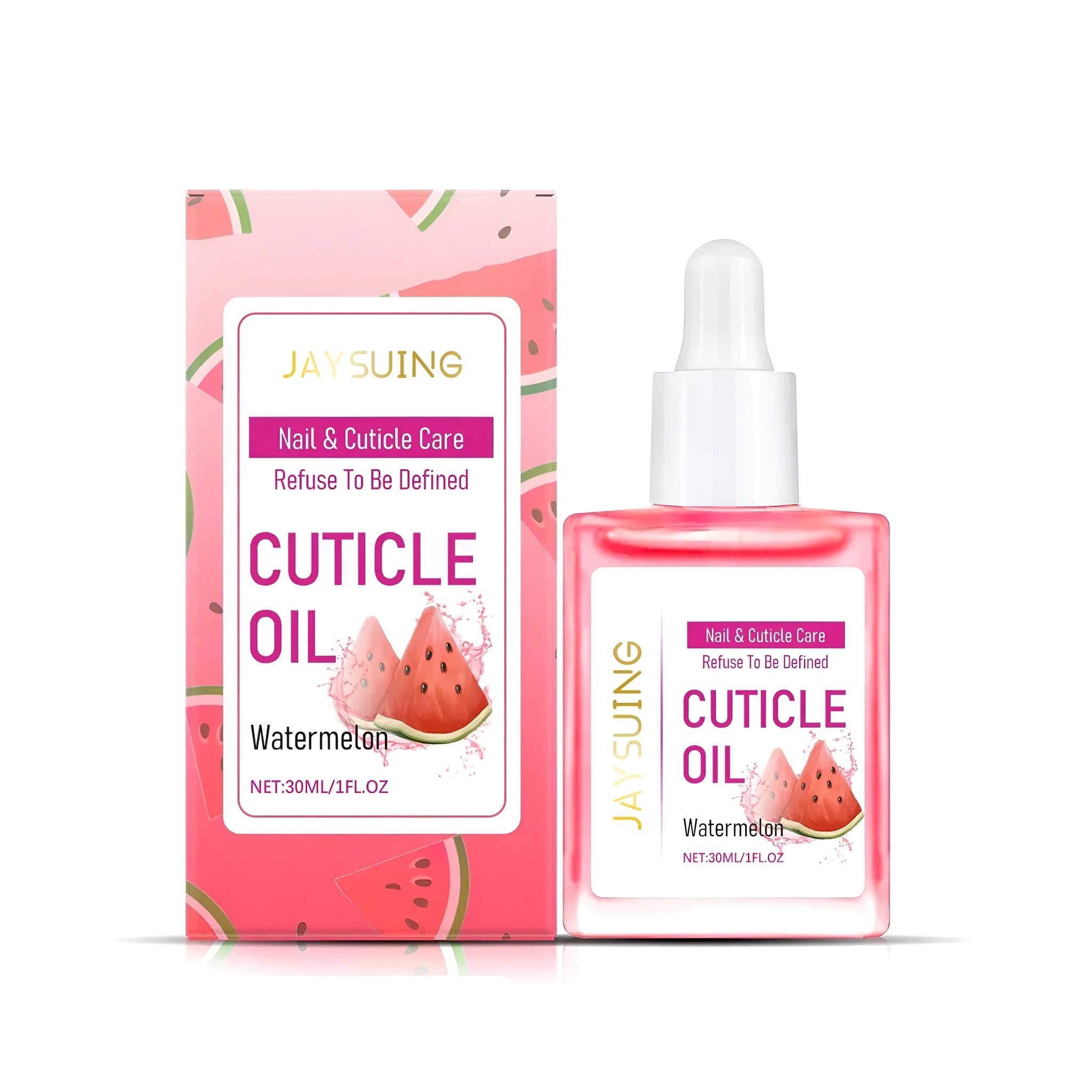 30ml bottle of watermelon-scented nail care oil with jojoba oil and urea for cuticle hydration