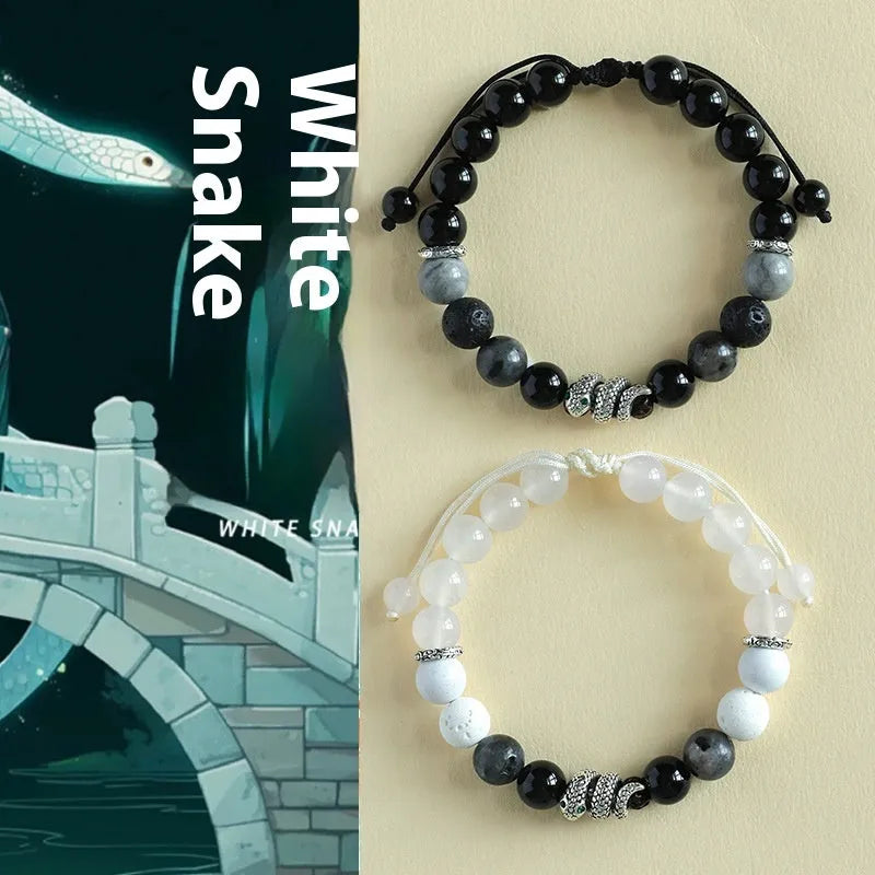 Black and white agate couple bracelets with snake clasps, turquoise accents, and glitter beads