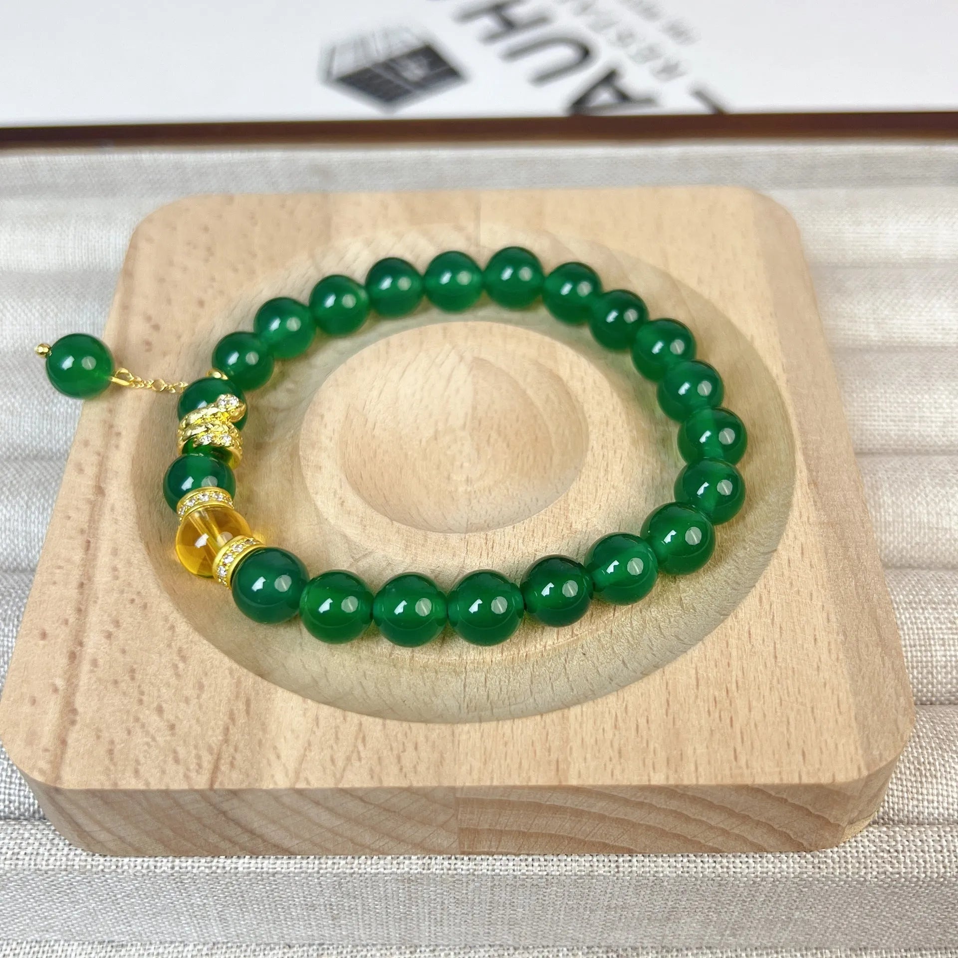 Green chalcedony and red agate wealth snake bracelet with copper links, geometric unisex design