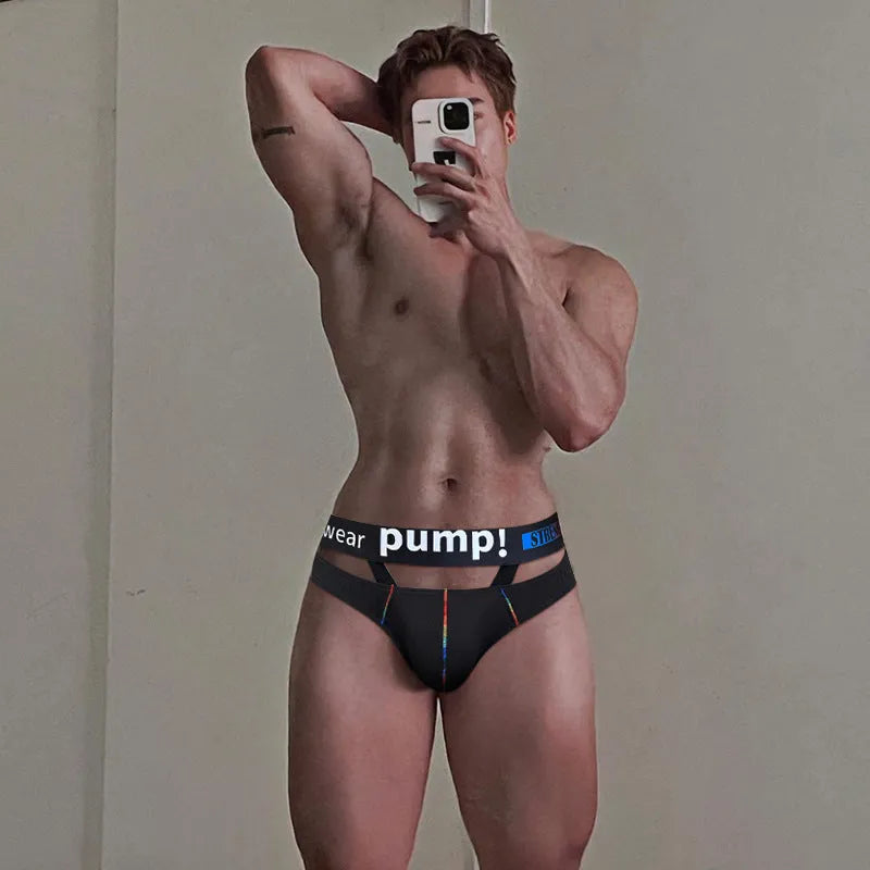 A pair of solid black men's low-rise modal briefs laid flat on a white background.