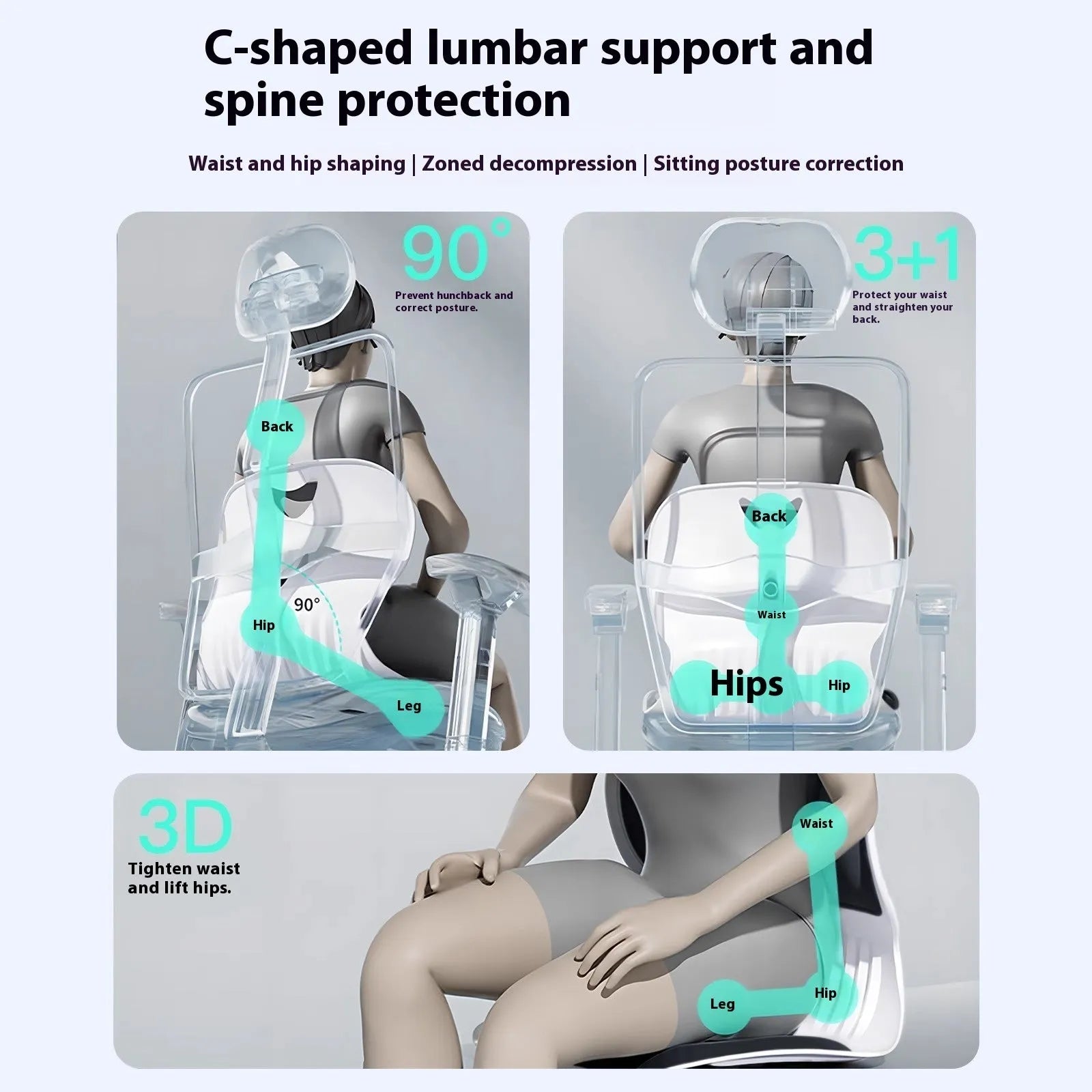 Grey lumbar support cushion with Japanese-style design for office or car seat.