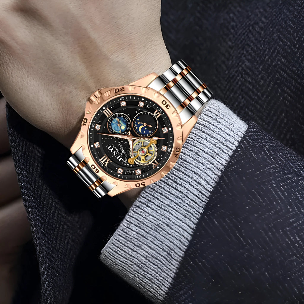 Men's automatic mechanical watch with luminous markers on a starry sky dial in a stainless steel case.
