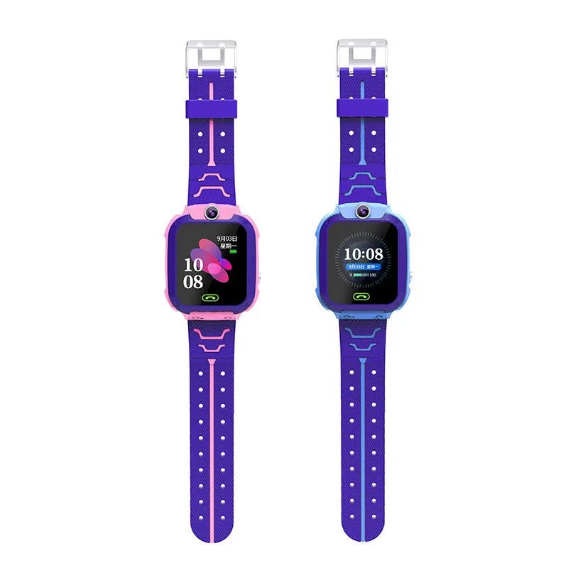 Blue waterproof children's smartwatch with colour touch screen on a silicone strap.