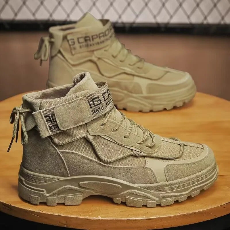 Men's high-top platform boots in grey, artificial PU leather, mid heel 3-5cm