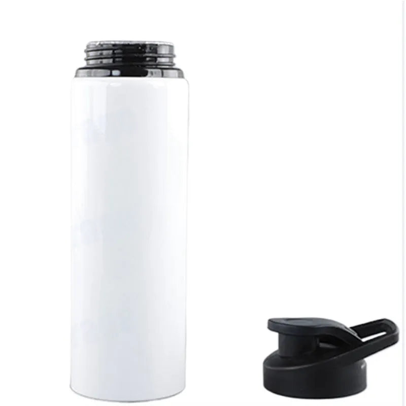 White aluminium sports water bottle showing 600ml and 750ml capacity options for cycling and outdoor use