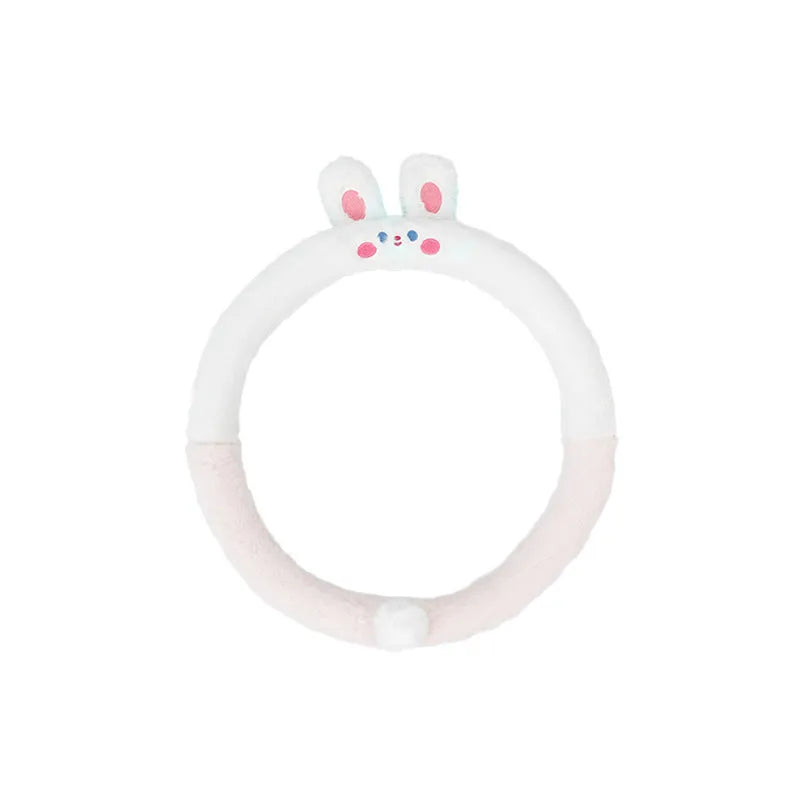 Plush winter steering wheel cover with embroidered cartoon bear design, sized for 38cm diameter wheels.