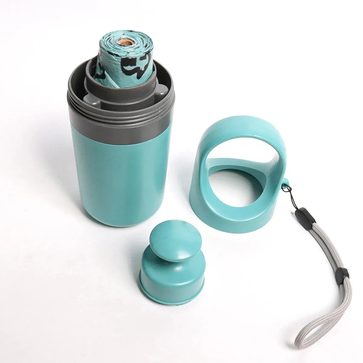 Blue and orange portable dog pooper scooper with claw design and integrated garbage bag dispenser