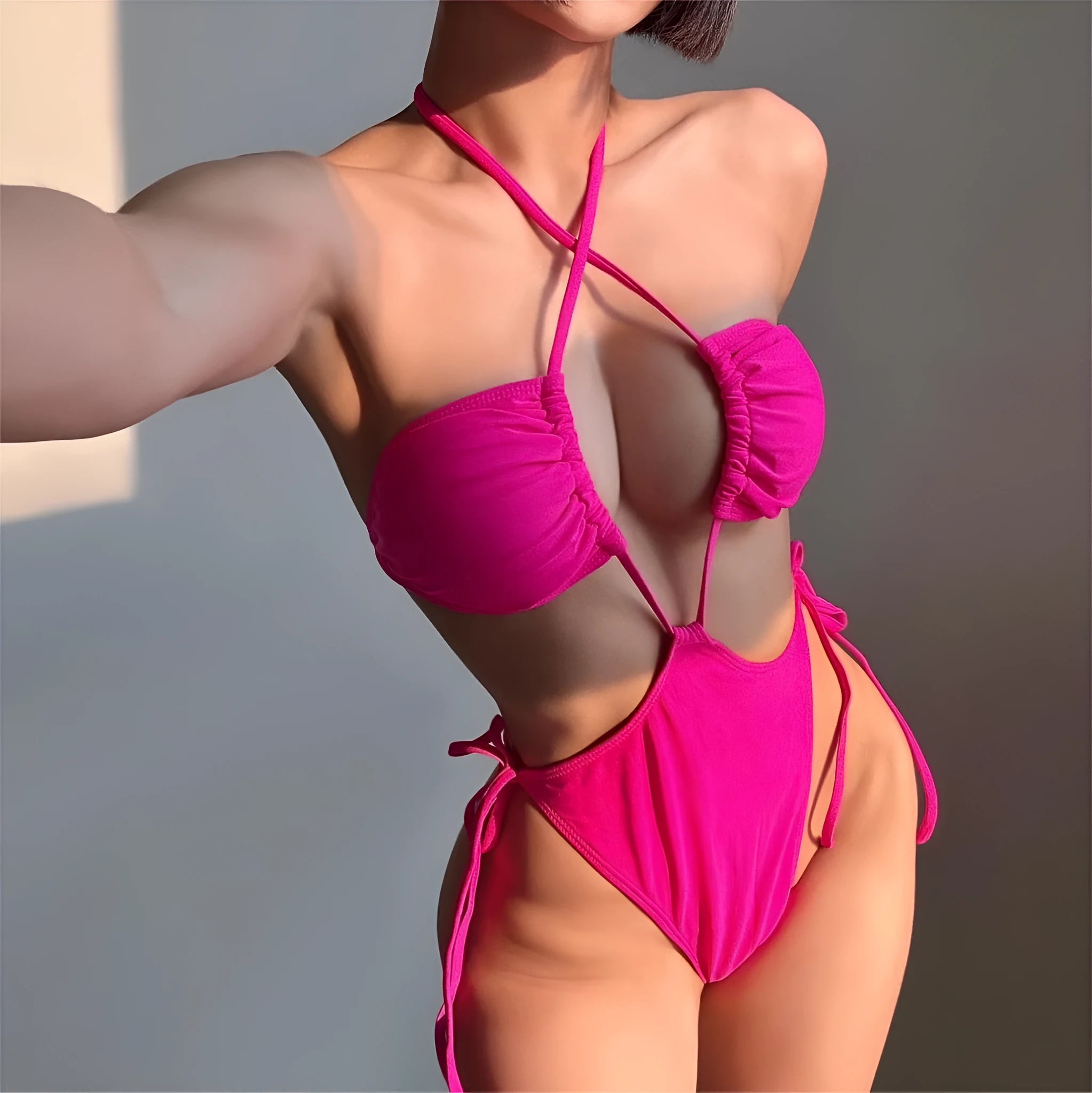 Women's black drawstring waist one-piece swimsuit on a hanger