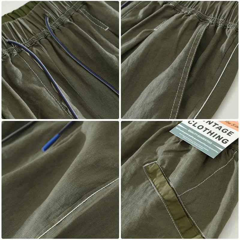 Man wearing green linen drooping shorts with a drawstring waist and mid-calf length.