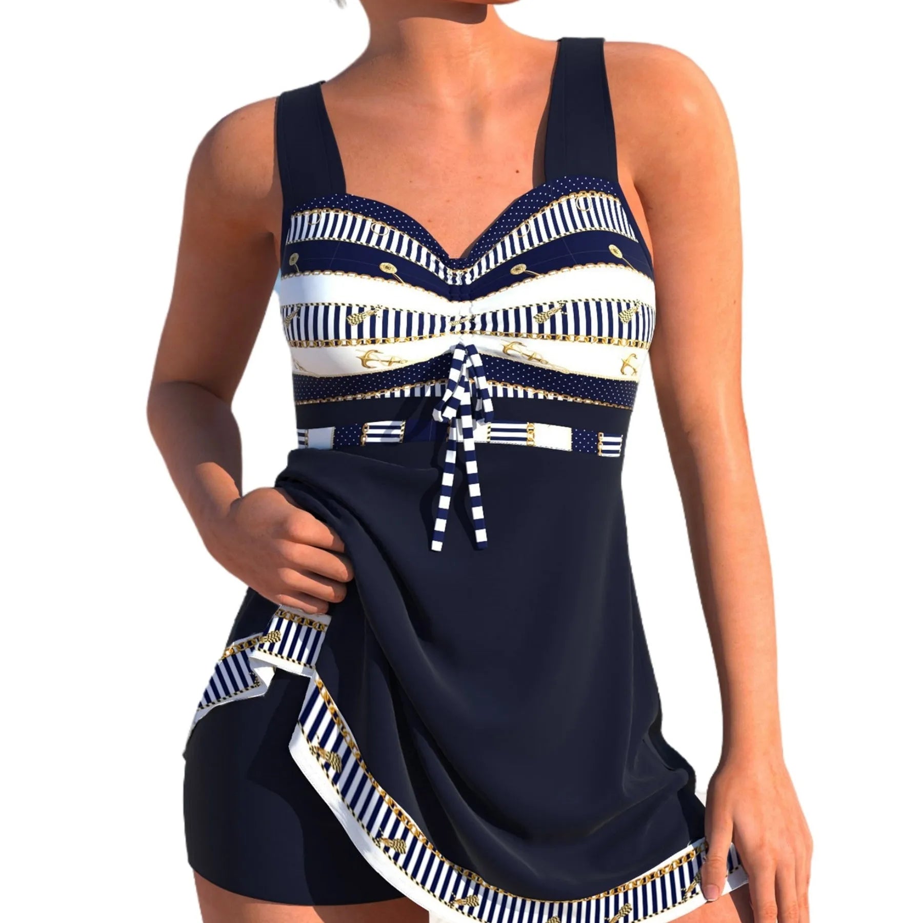 Plus size women's split skirt bikini swimsuit in quick-drying polyester fabric showing front and back views