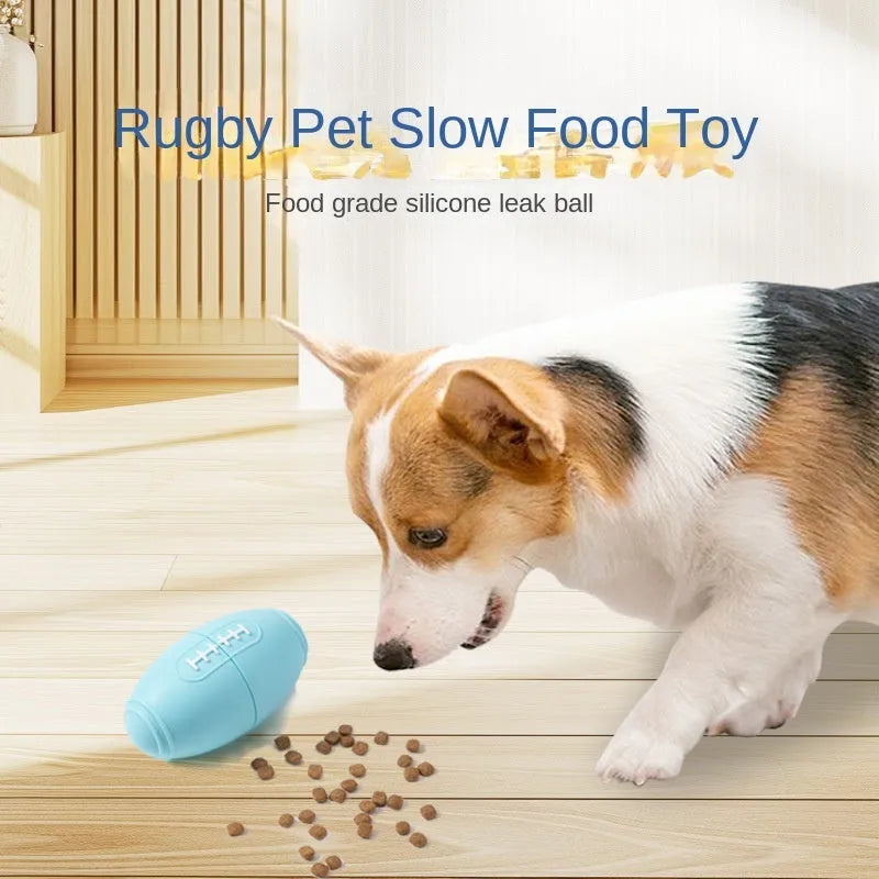Silicone rugby ball dog toy in blue colour with raised seams for chew resistance