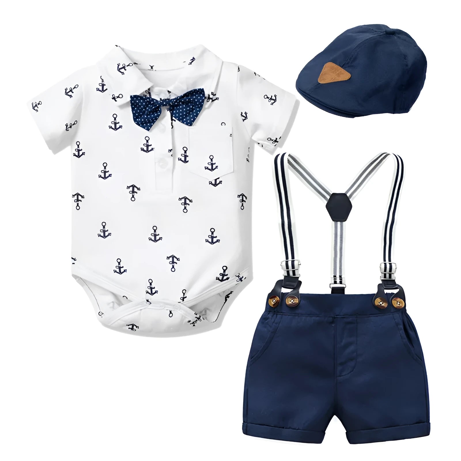 Blue and white cotton triangle romper for baby boy with printed gentleman clothes design