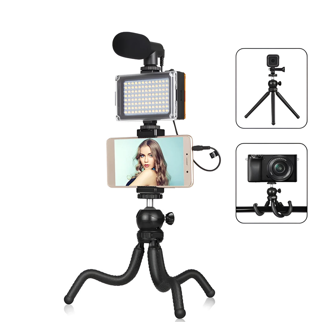 Black octopus tripod live broadcast kit with flexible legs, fill light, and microphone attached