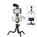 Black octopus tripod live broadcast kit with flexible legs, fill light, and microphone attached
