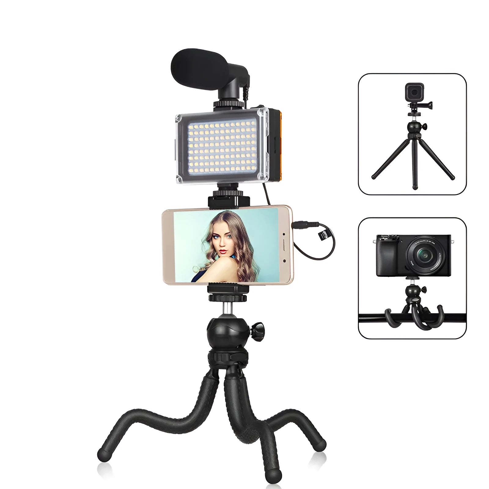 Black octopus tripod live broadcast kit with flexible legs, fill light, and microphone attached