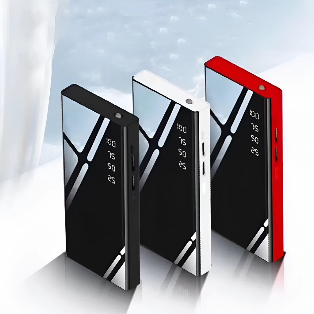 Black 20000mAh power bank with LCD display showing battery level and two USB ports