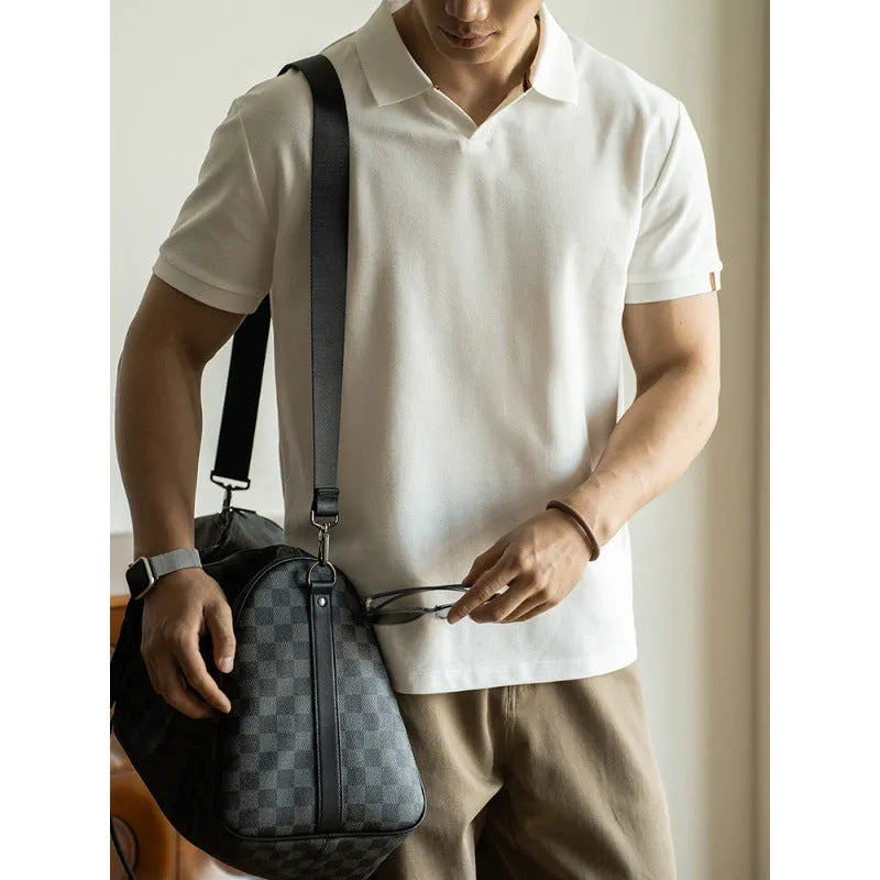 American-style blue cotton blend short sleeve polo shirt on hanger