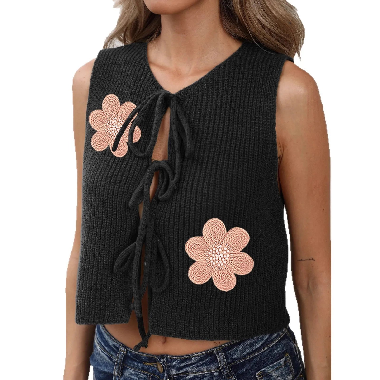 White ladies' cardigan vest with lace-up bow front and flower pattern in deer plush polyester fabric