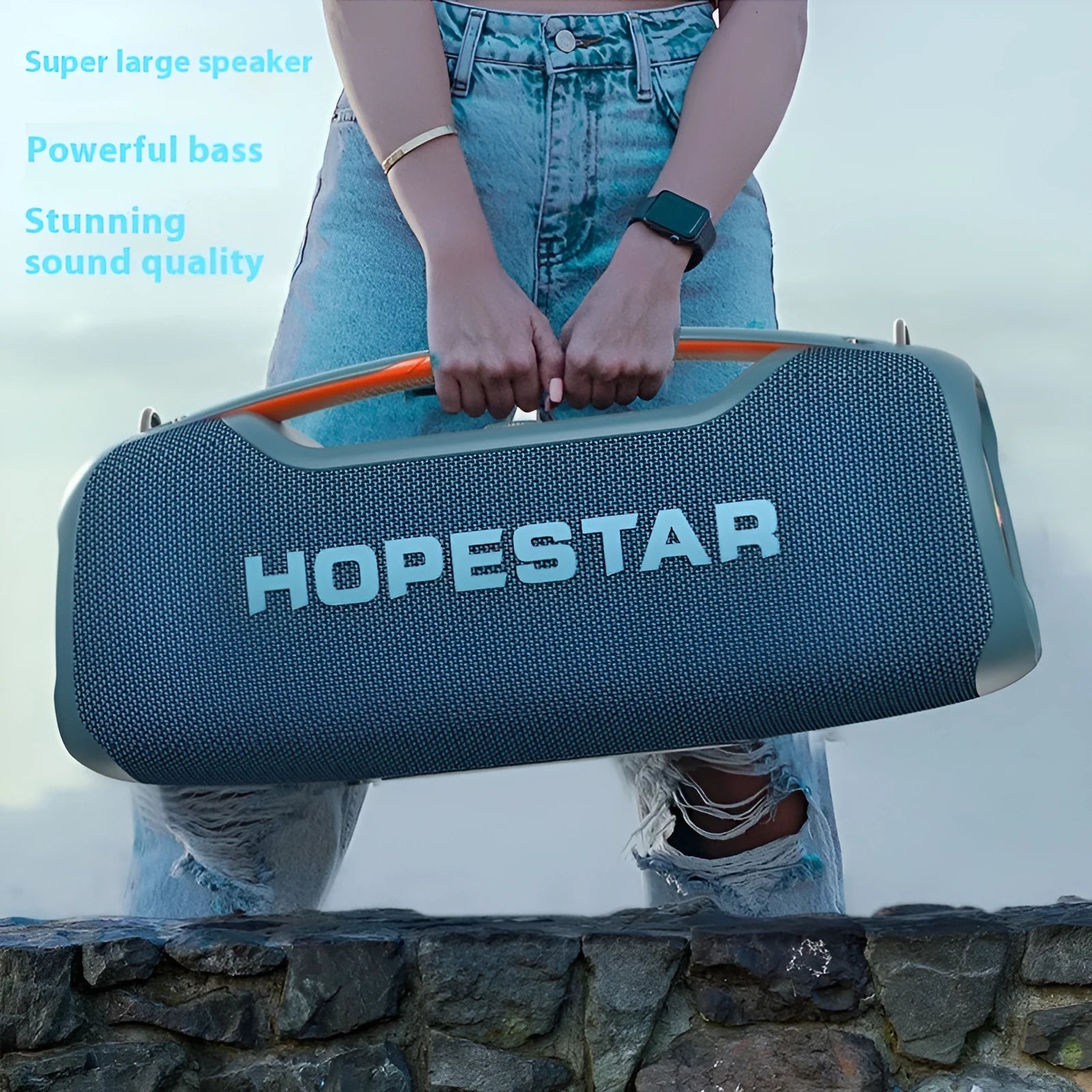 Super Bass Bluetooth speaker in black with waterproof design, 100W output, and included microphone for outdoor karaoke use