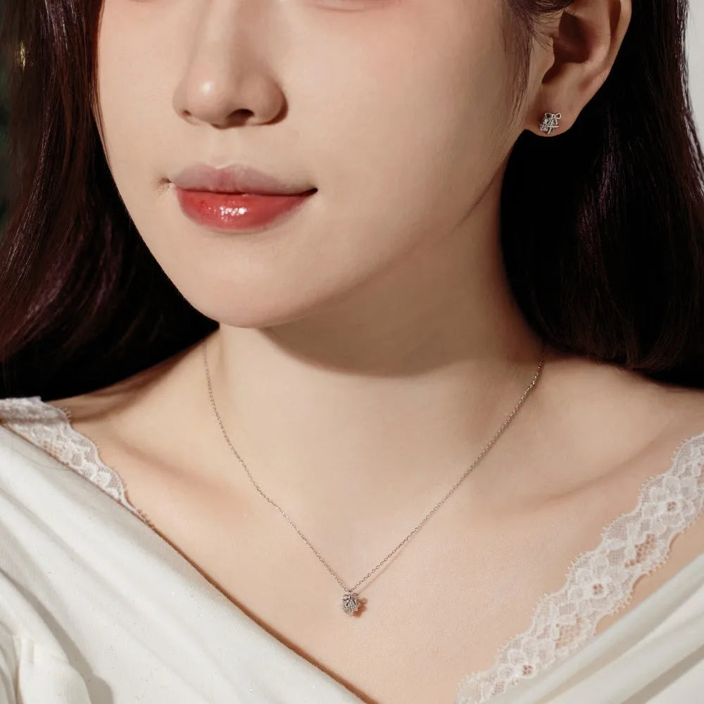 S925 sterling silver necklace and earring set with bear animal pendant on display, gold electroplated finish