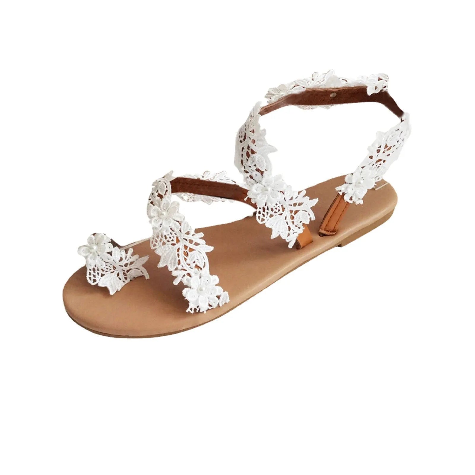 White patent leather bohemian flower roman sandals with rhinestones, fish mouth toe holder, low top