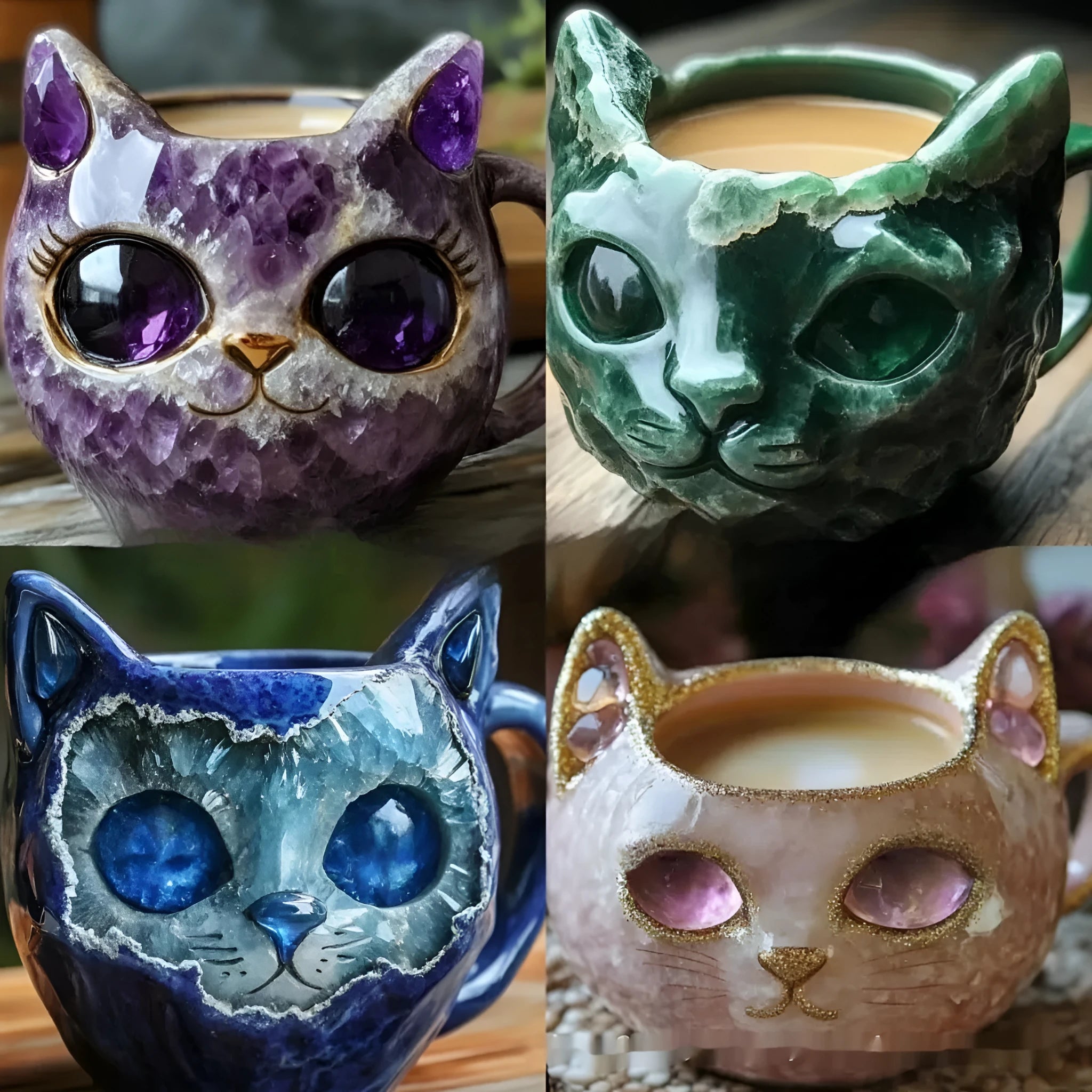 Purple geode crystal design cat-shaped resin mug on a wooden surface.