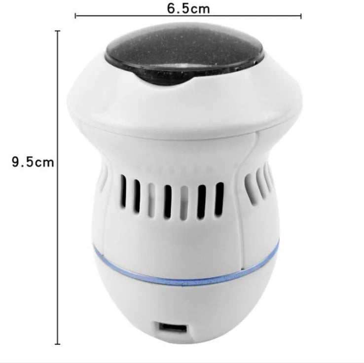 Beige and white electric foot file machine with grinding head, USB cable, two spare heads, brush, and sponge ring.