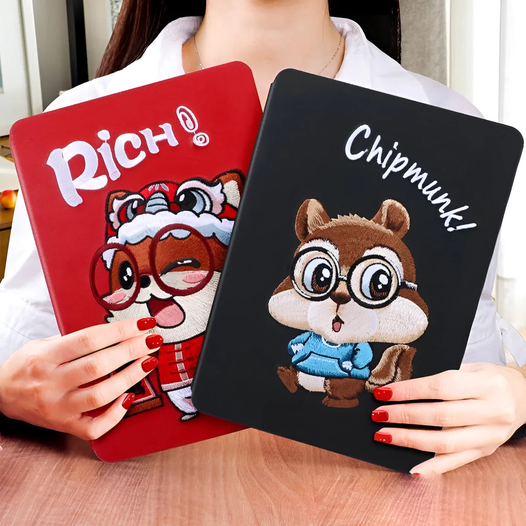 Cartoon design silicone iPad protective case with imitation leather finish for 10.2-inch and 9.7-inch models.