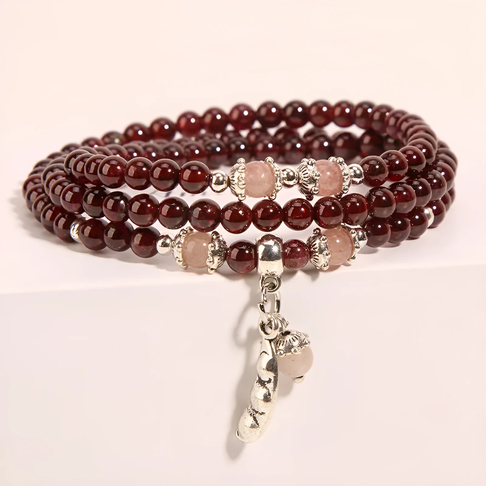 Wine red garnet crystal bracelet with flower shape design in bohemian ethnic style