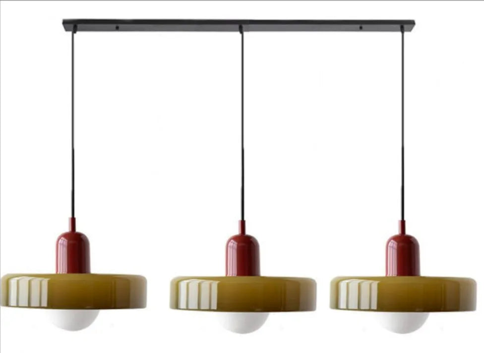 Retro three-head glass chandelier with iron frame and long platter design