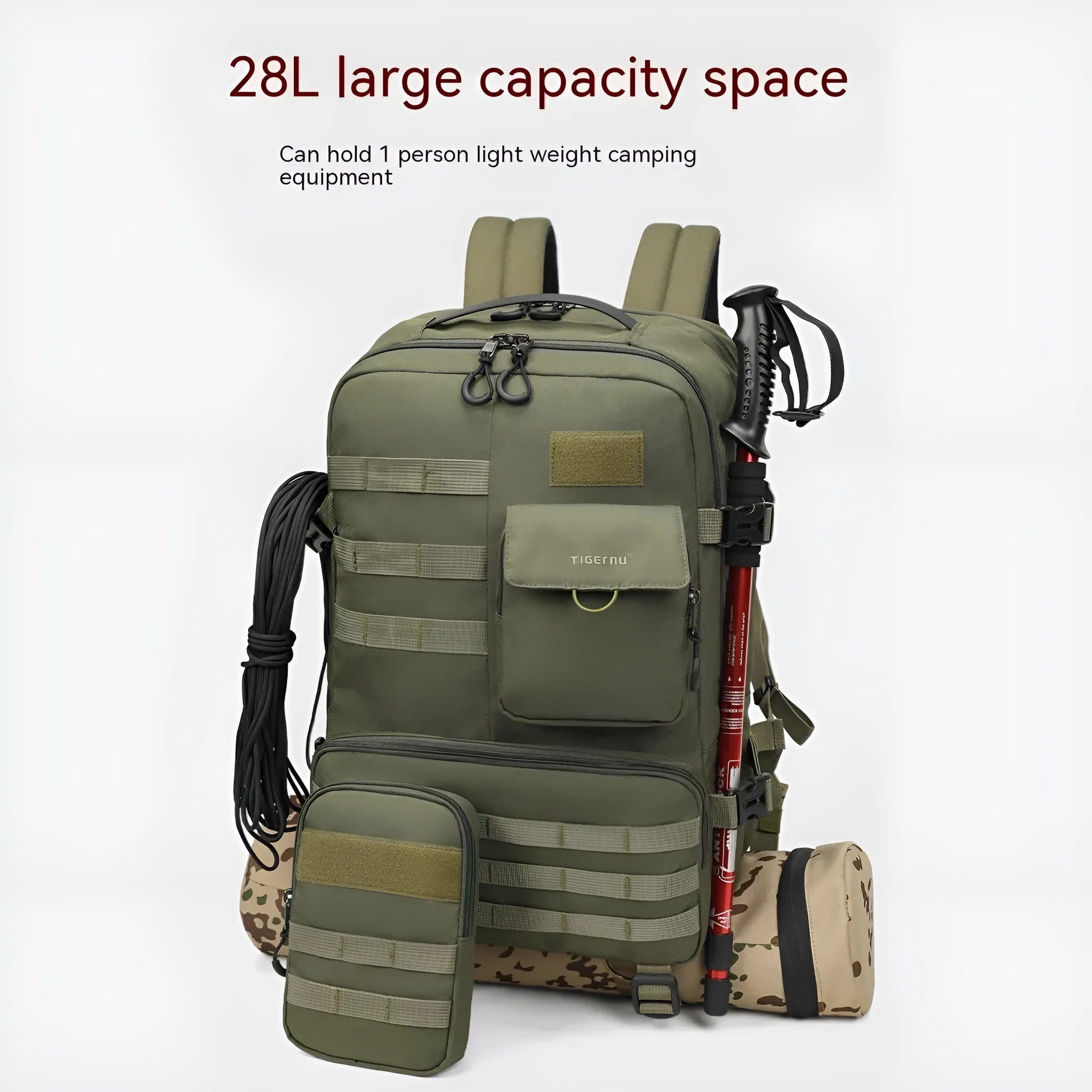 17-inch tactical backpack in army green with 20-35 litre capacity and waterproof nylon construction