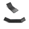 Mini tri-fold Bluetooth keyboard shown folded and unfolded with silver finish