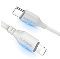 White braided USB-C to Lightning charging cable for iPhone shown at 1 metre length.