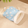 Flannel cat sleeping bag nest pet bed in blue rabbit print, dimensions 50cm by 40cm.