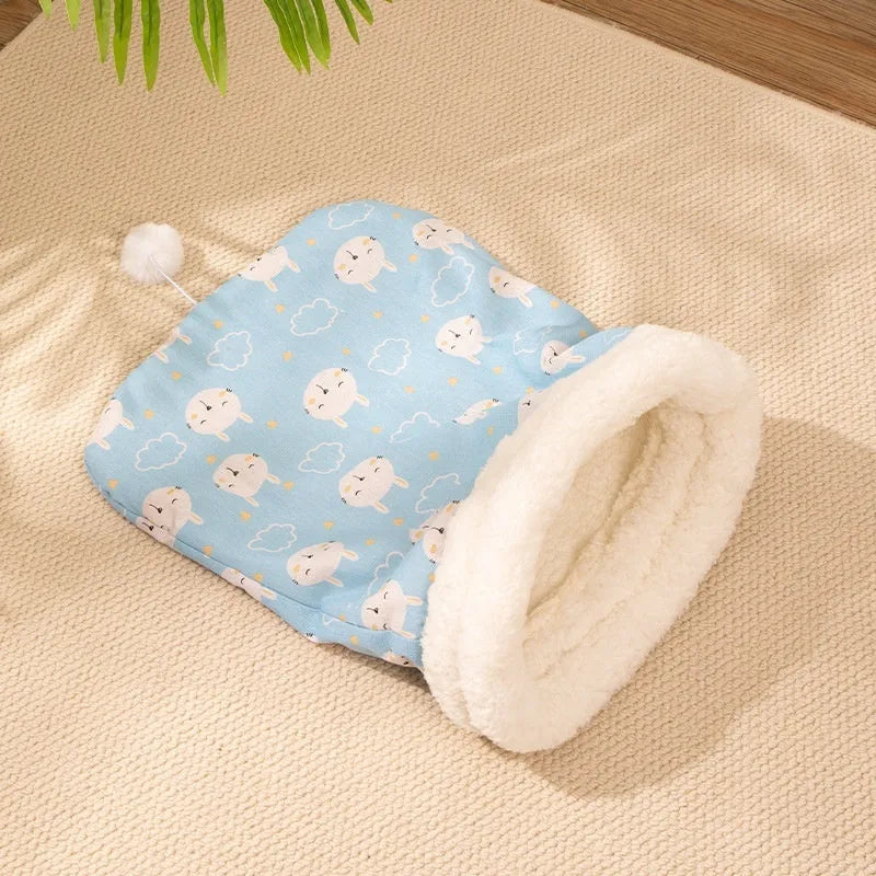 Flannel cat sleeping bag nest pet bed in blue rabbit print, dimensions 50cm by 40cm.