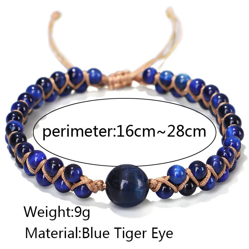 Handwoven geometric pull bracelet with blue tigereye stone beads on elastic band