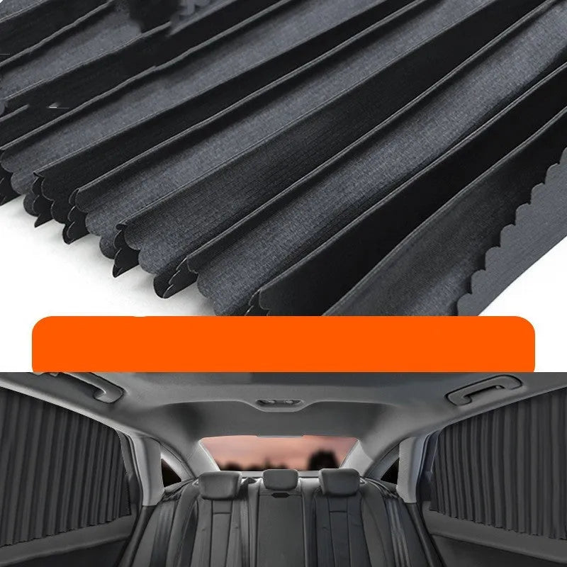 Auto retractable car sun curtain with roller shutter mechanism in black colour extended over vehicle window