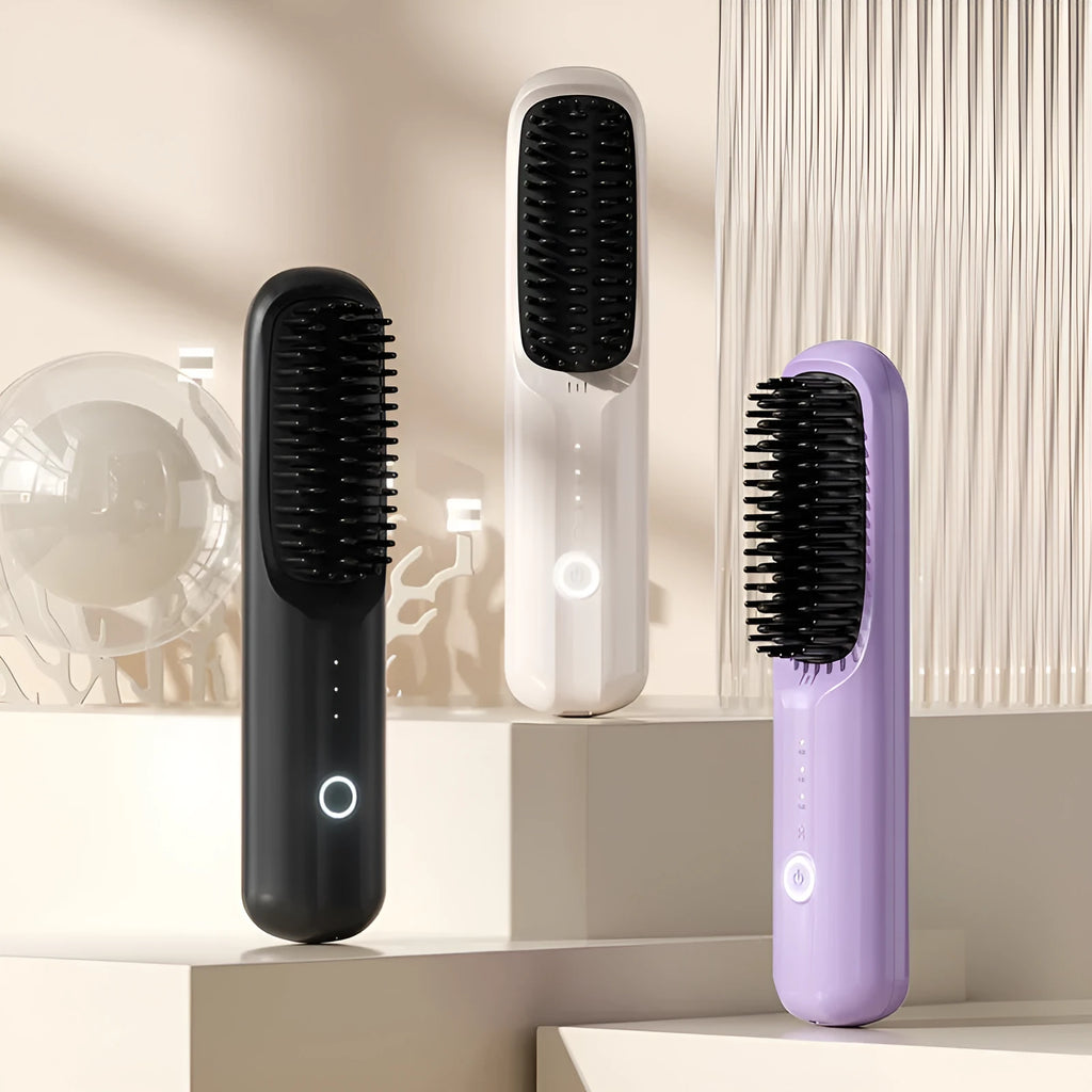 Beige wireless anion hair straightening comb with ceramic plates and Type-C charging port