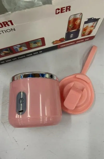 Portable dark blue blender and juicer with six blades, USB charging cable, and 400ml plastic cup.