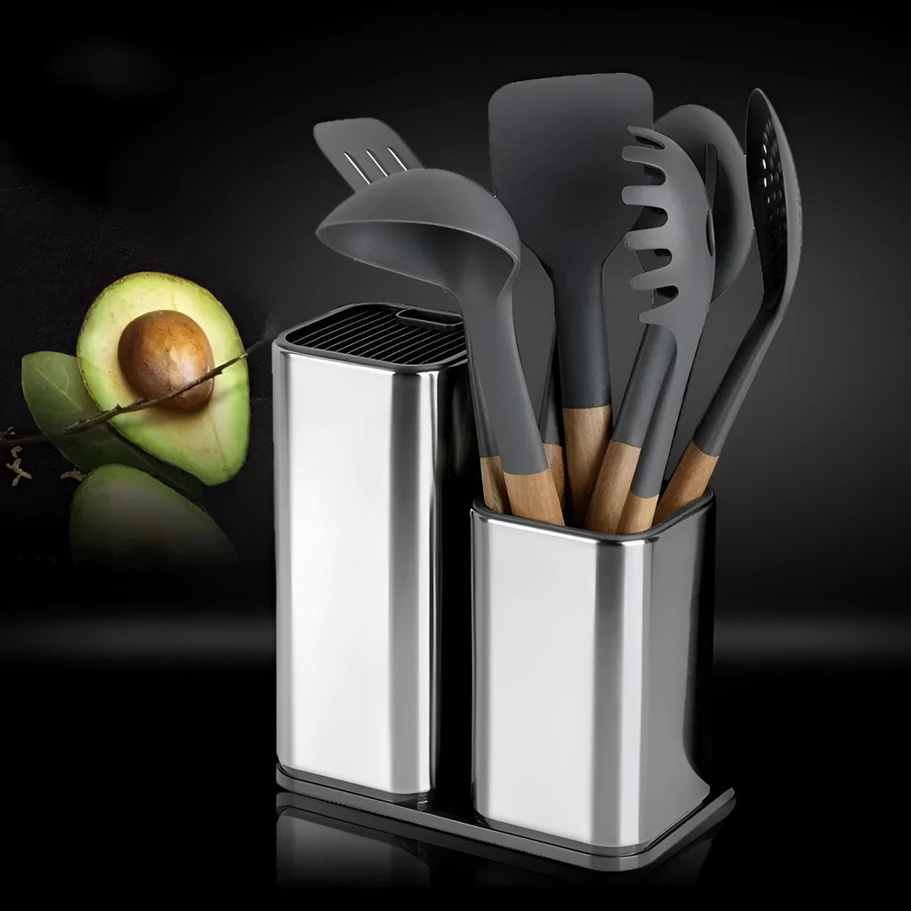 Black and white kitchen tool holder with stainless steel construction and detachable drainage base