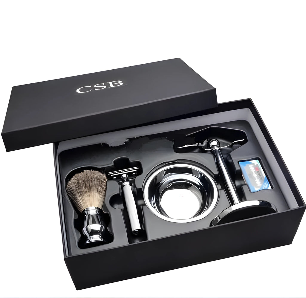 CSB double edge safety razor shaving set with badger hair brush and chrome stand