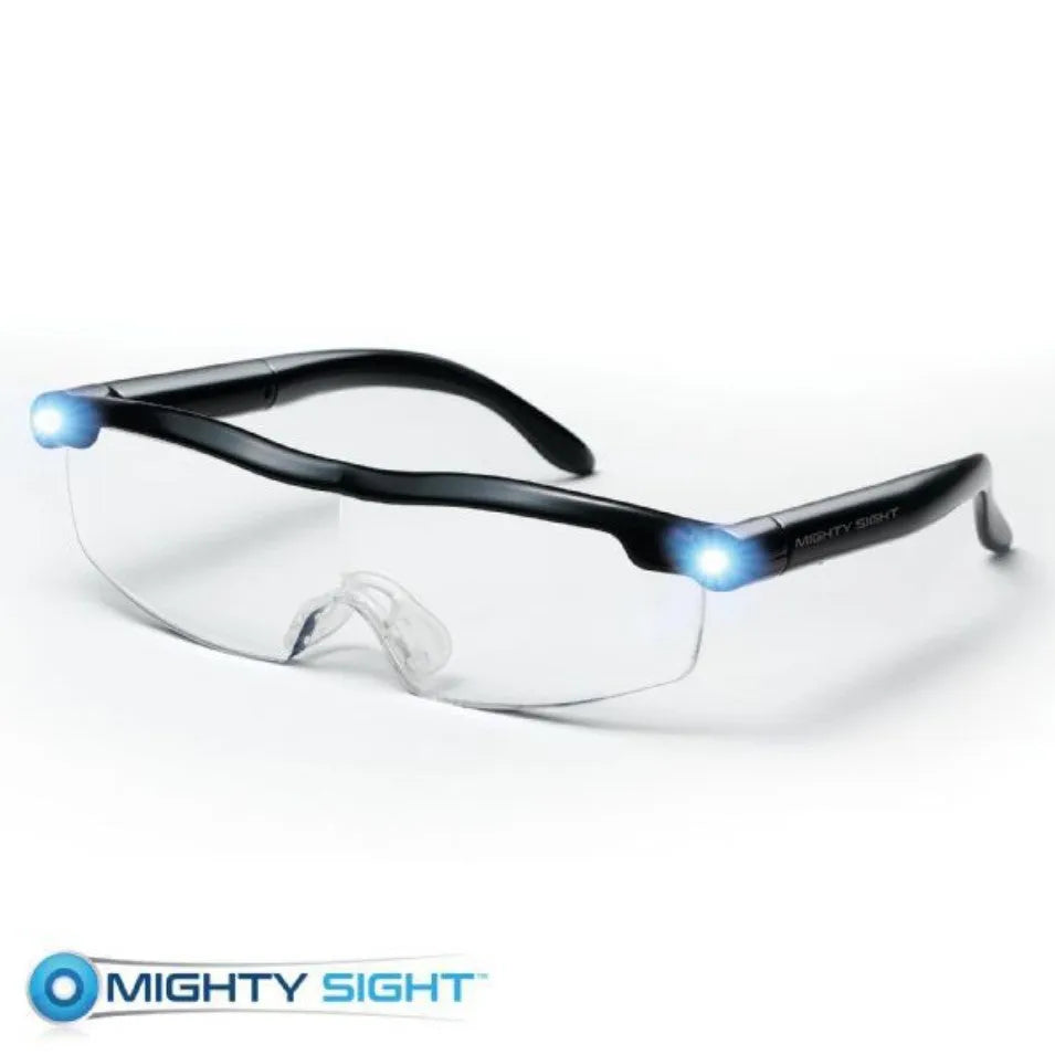 Transparent frame reading glasses with built-in USB rechargeable LED light on transparent black background