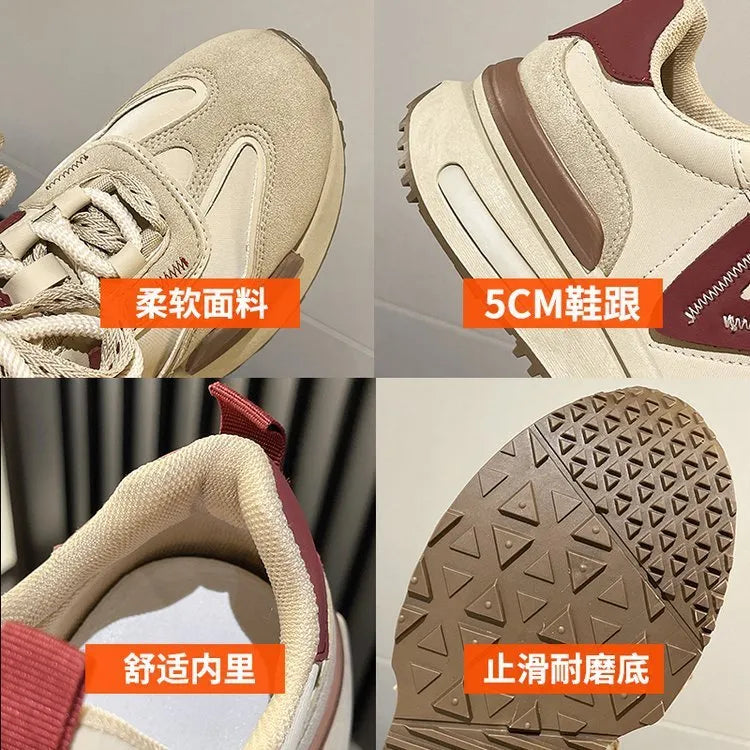 Women's black and khaki red retro platform sports shoes with artificial PU upper and rubber sole